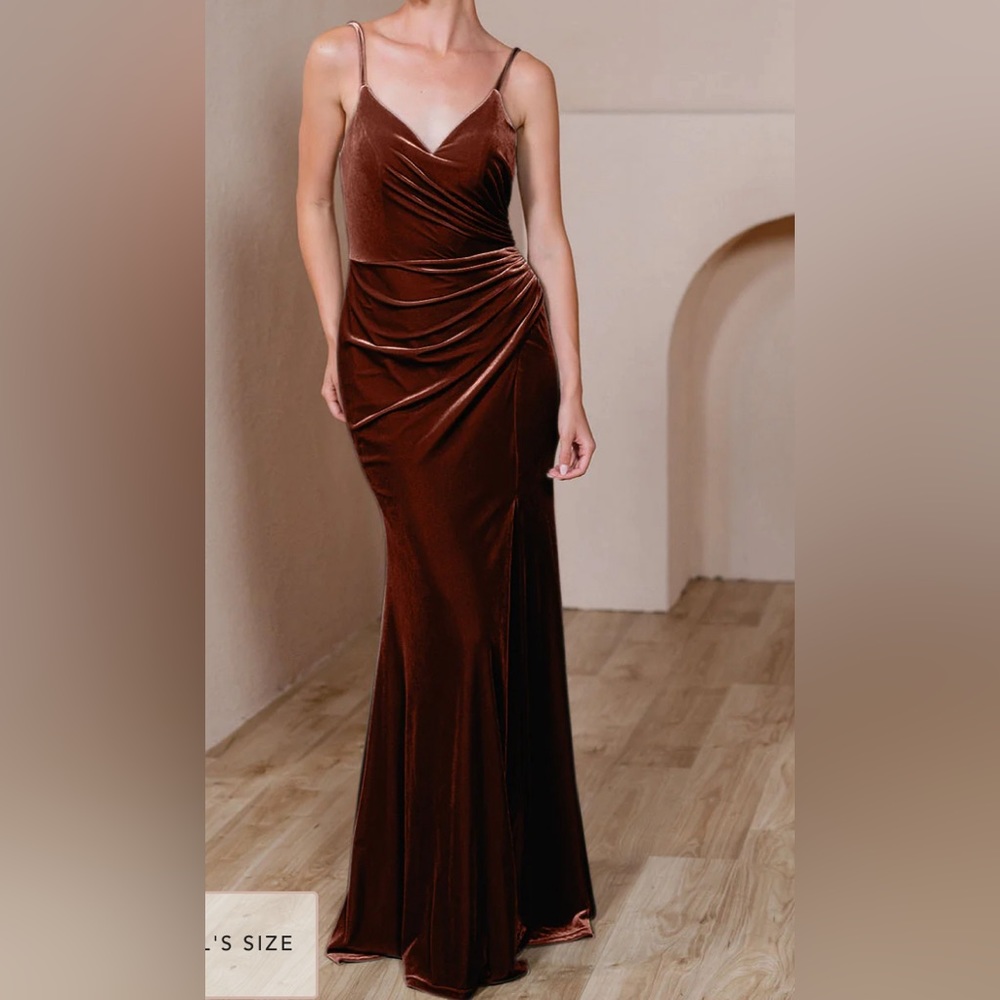 Revelry Terracotta Rory velvet maxi bridesmaid dress